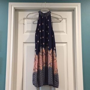 Navy Blue and Coral Patterned Shift Dress